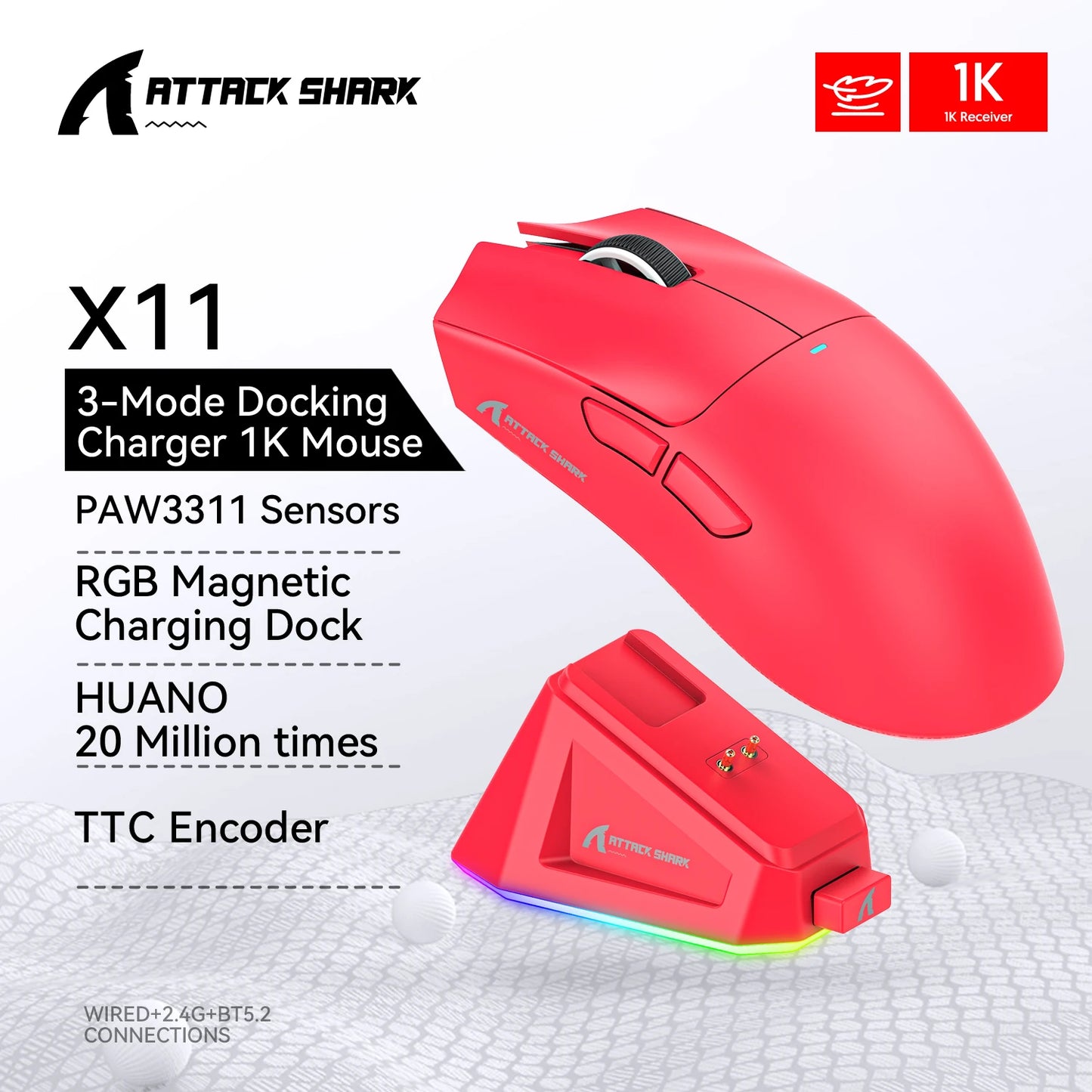 Souris Gaming Attack Shark X11 - Station de Charge RGB