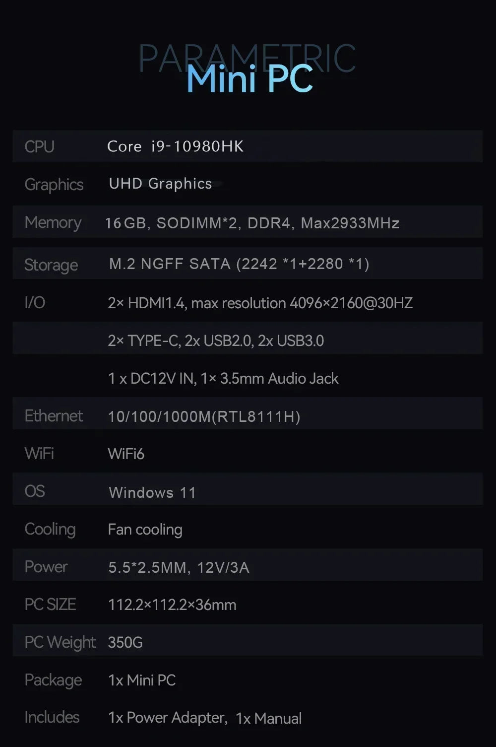 Portable Mini PC  Core i9-10980HK Gaming Mini PC Windows 11 Pro 16GB/32GB DDR4 1TB 2TB M.2 SSD WiFi 6 BT5.2 Desktop Computer