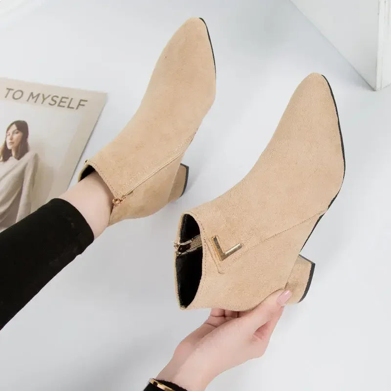 Fashion Women Boots Casual Leather Low High Heels Spring Shoes Woman Pointed Toe Rubber Ankle Boots Black Red Zapatos Mujer785