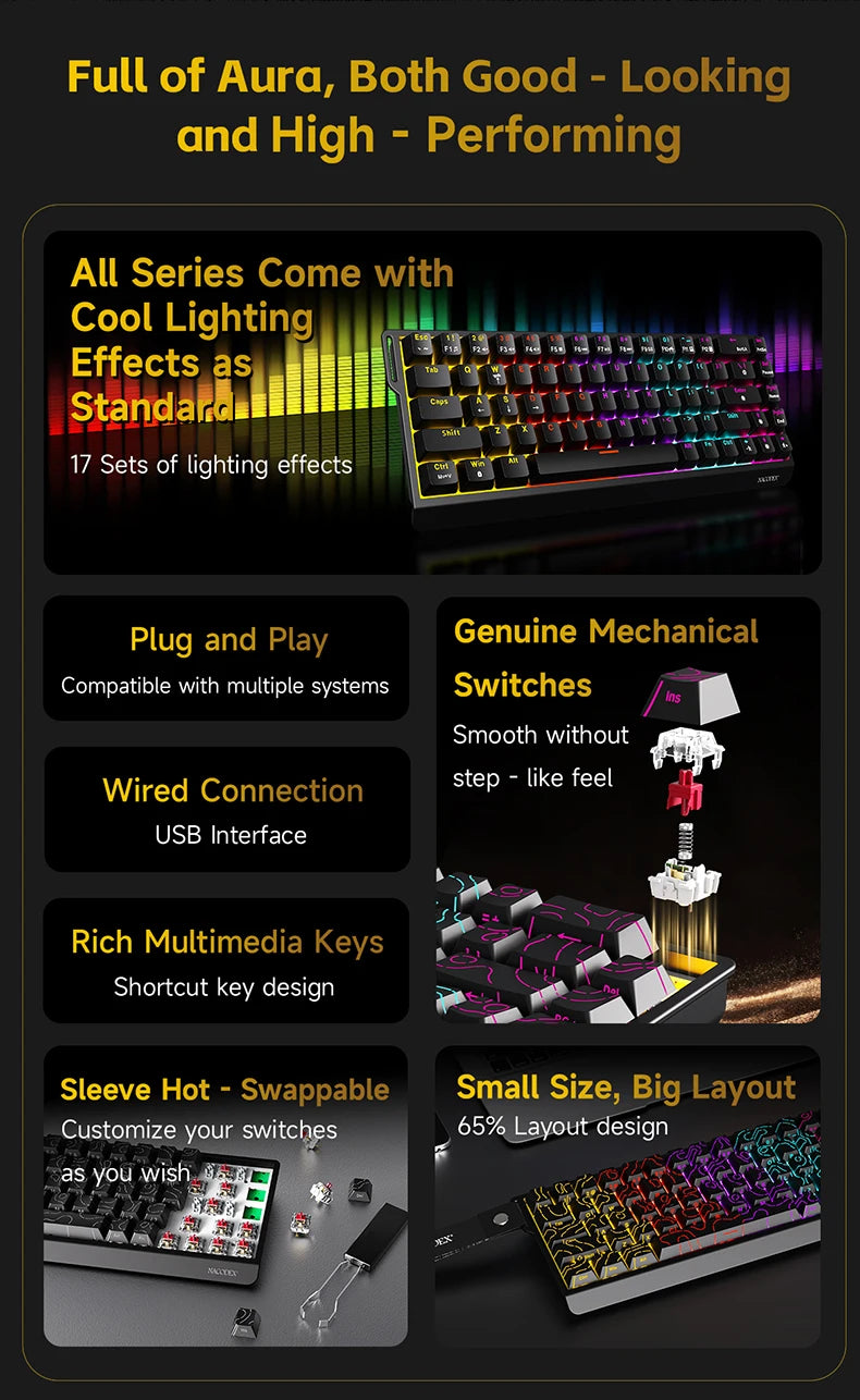 AJAZZ NK68V2 Single-Mode Wired Mechanical Keyboard Portable Gaming Keyboard RGB Hot-Swappable PC Lightweight Mechanical Keyboard
