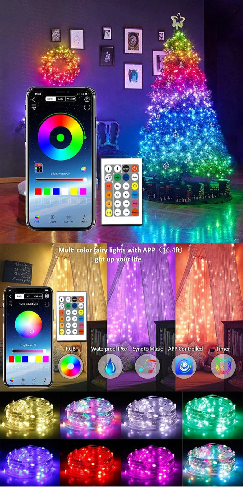 Guirlande LED RGB Bluetooth Fil Cuivre Fête