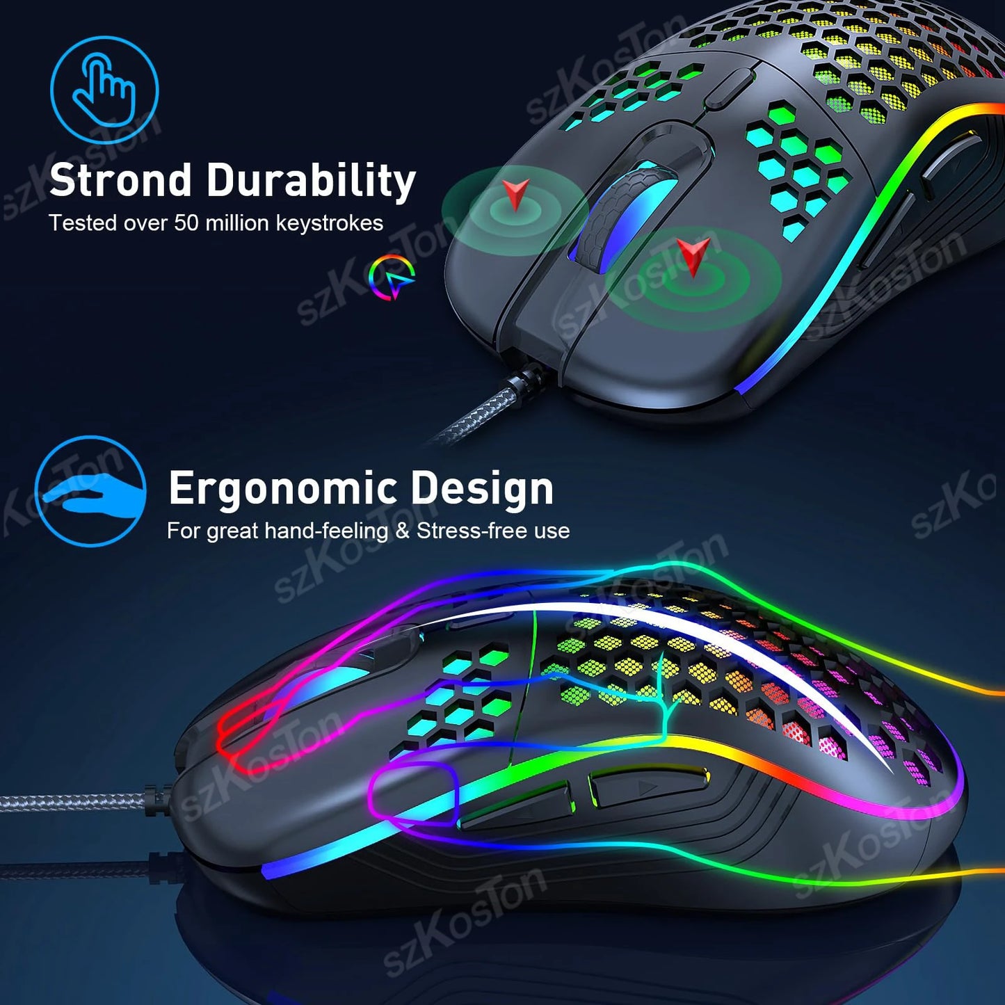 USB Wired Gaming Mouse with RGB Backlight 6 Levels 7200DPI Adjustable Ergonomic Design Mice for Office Laptop PC Computer Gamer