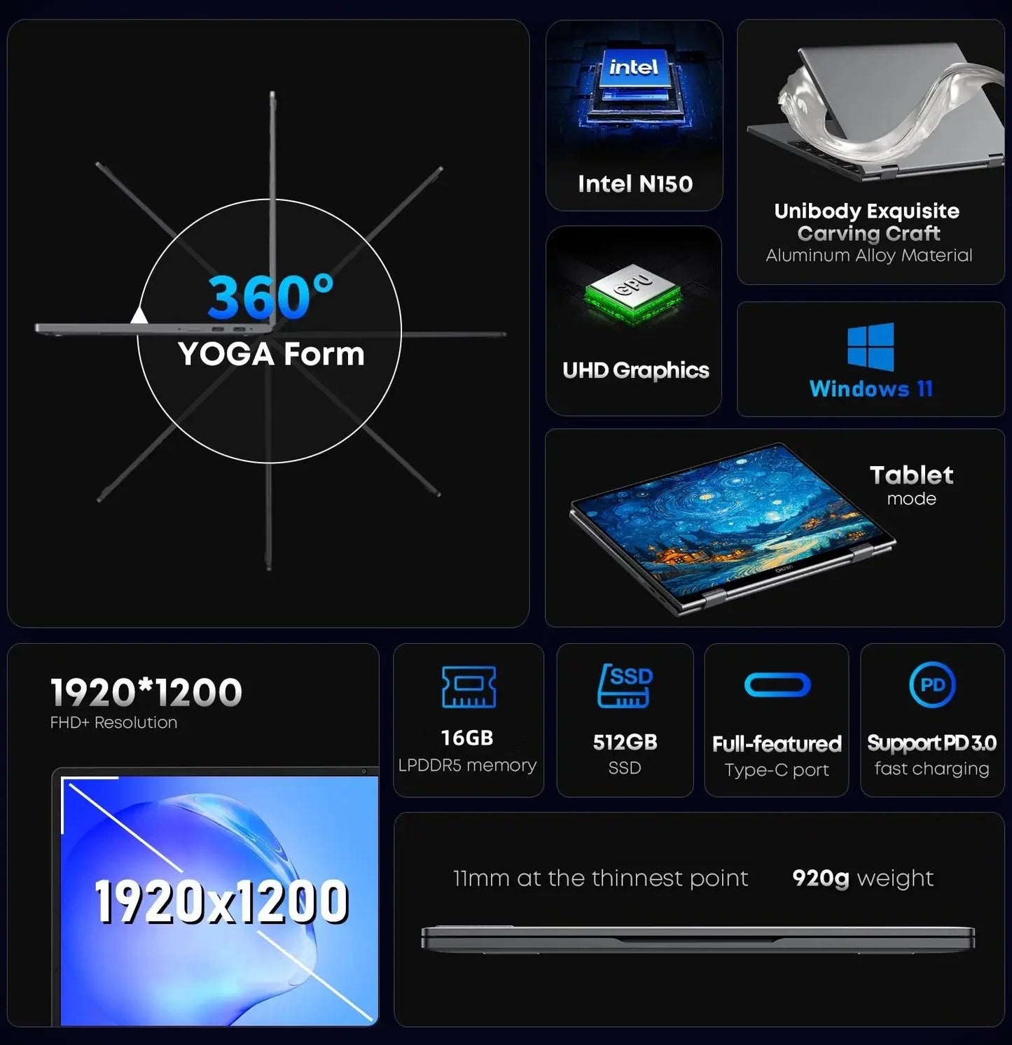 Laptop CHUWI MiniBook X 2en1 N150 16Go 512Go