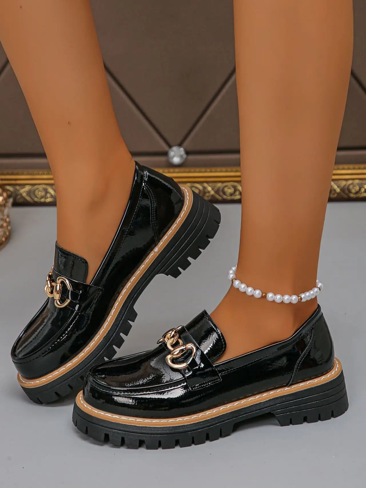 2025 Female Shoes Women Fashion Janes Round Toe Flats Loafers Oxfords Platform Casual Metal Chain Buckle Ladies Heels Black
