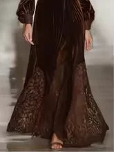 Velvet Dress for Women Vintage Long Sleeves Turtleneck High Waist Fashion Maxi Dress Elegant Lace Hem Party Evening Dresses
