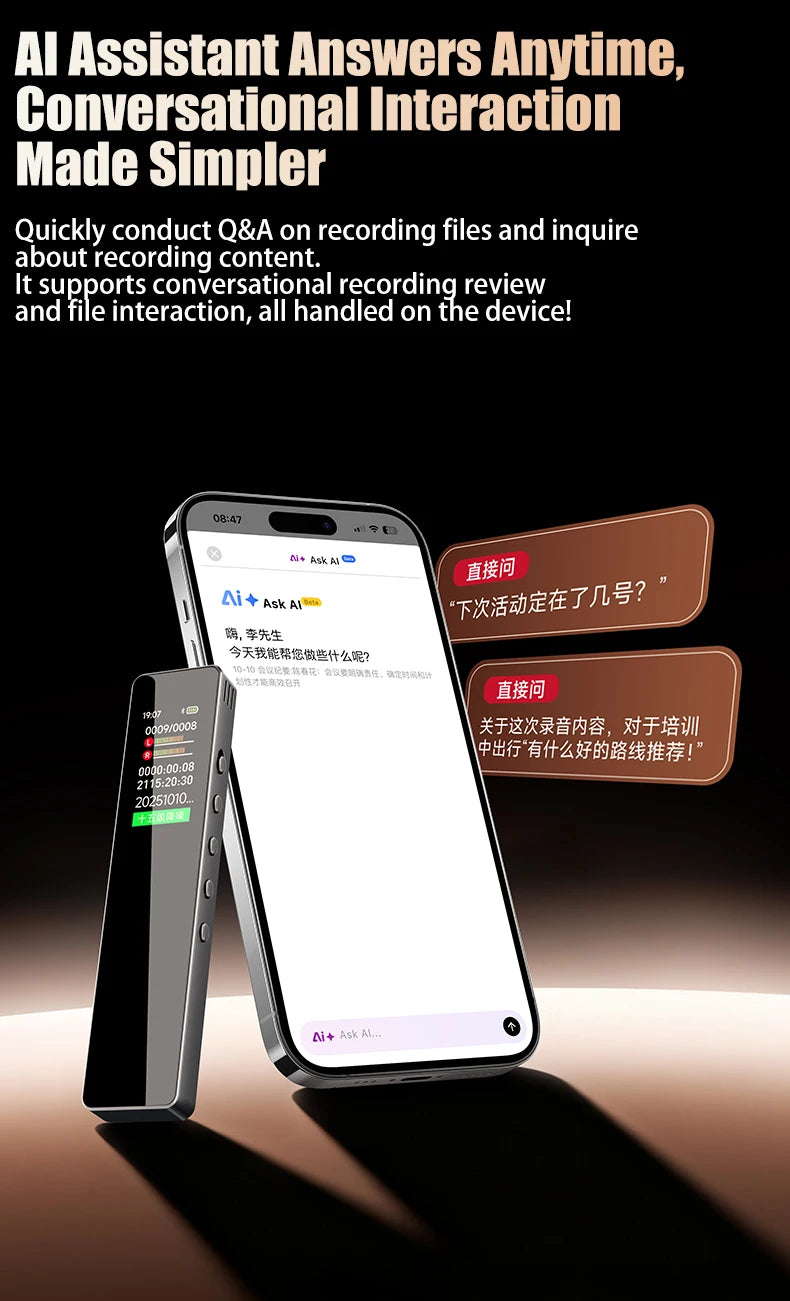 AI Digital Audio Recorder AI Voice to Text/Translation 98% Accuracy ChatGPT 72 Languages HD Noise Reduction Classroom Recording