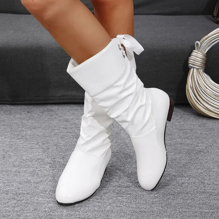Shoes For Women 2025 Spring Knee High Boots Red Black White Tall Boots Woman Pleated Low Heel Casual Leather Female Long Shoes