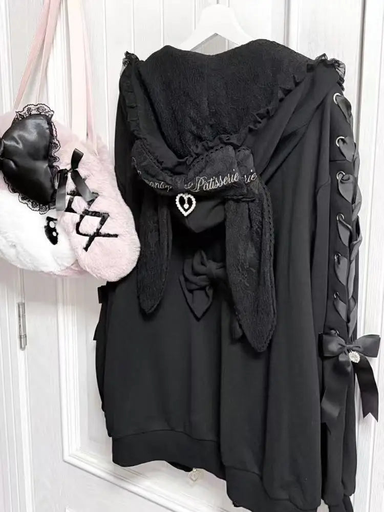 Hoodies Women 2025 Autumn New Sweet Bunny Ear Lace Hooded Sweatshirt for Women Cute Loose Tie Long Sleeve Jacket