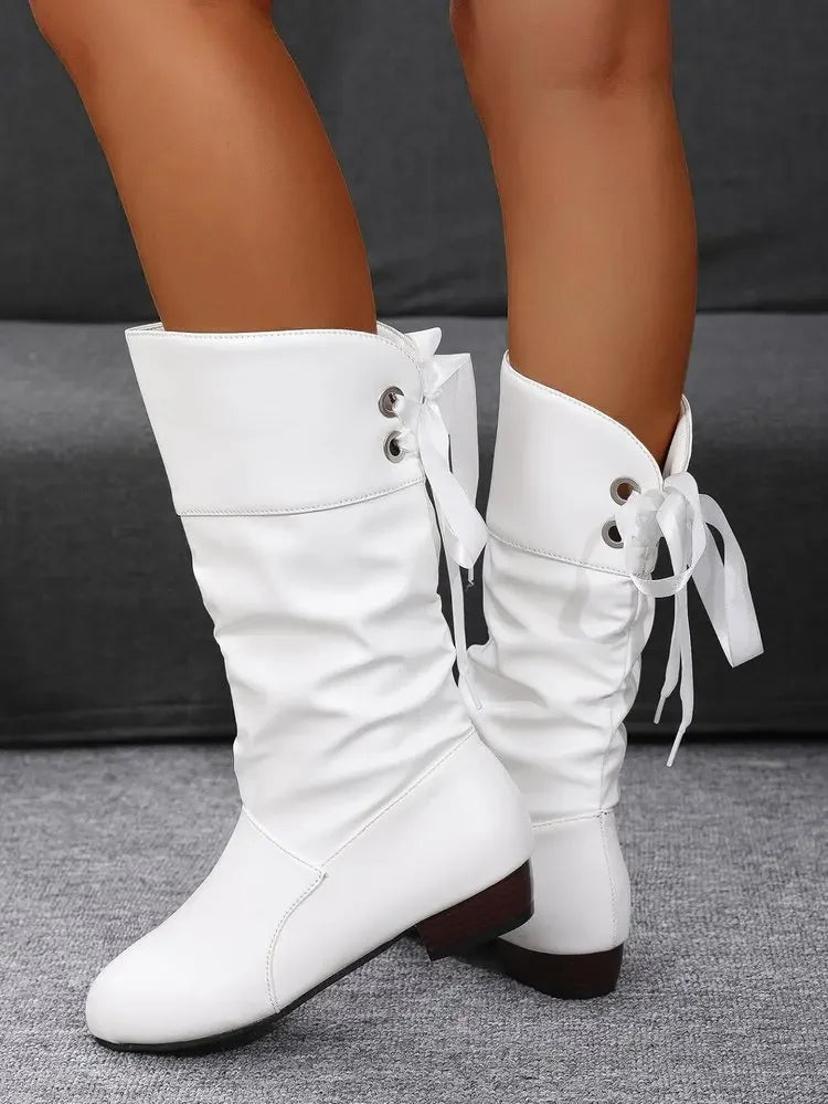Shoes For Women 2025 Spring Knee High Boots Red Black White Tall Boots Woman Pleated Low Heel Casual Leather Female Long Shoes