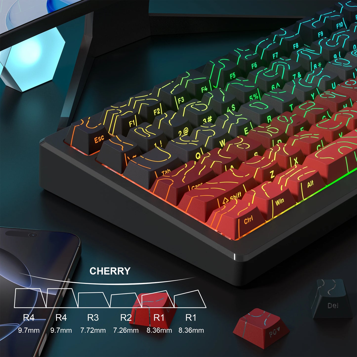 Red Contour Side Printed Shine Through Keycaps Cherry Profile Double Shot PBT Keycap for Gateron MX Switches Mechanical Keyboard