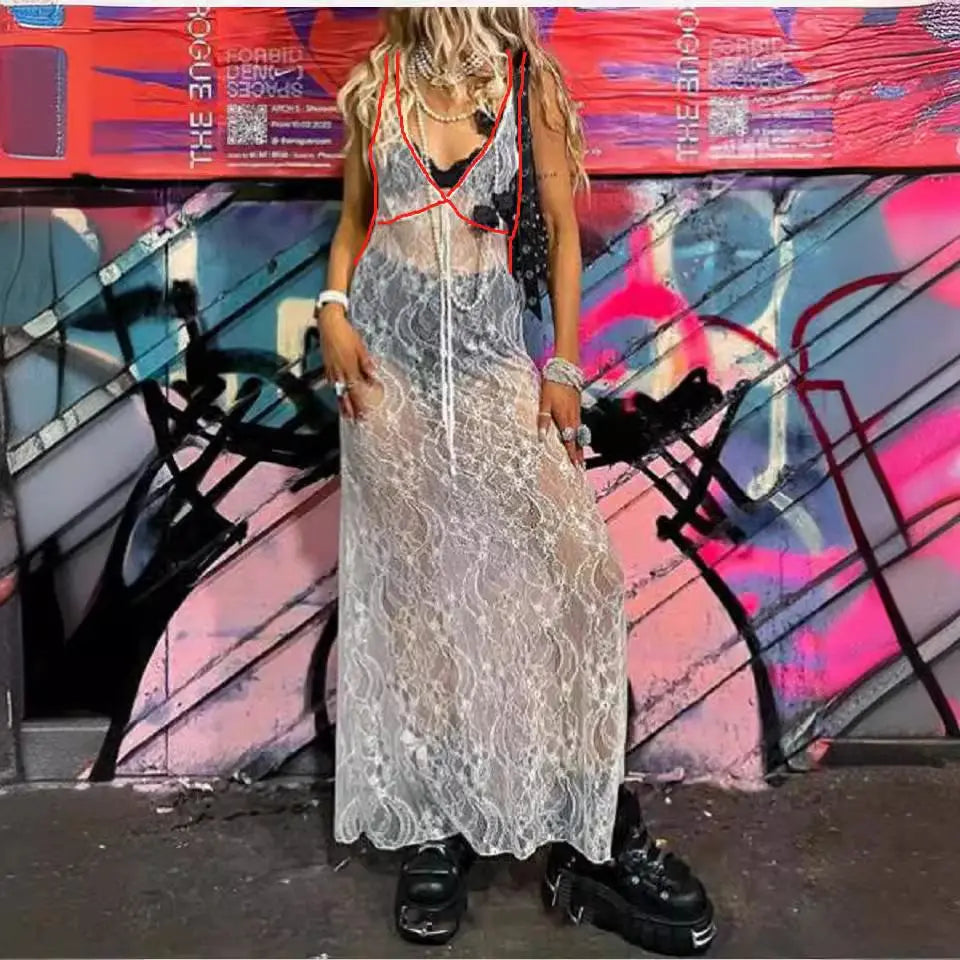 New Sexy Vest Deep V-mesh See Through Dress