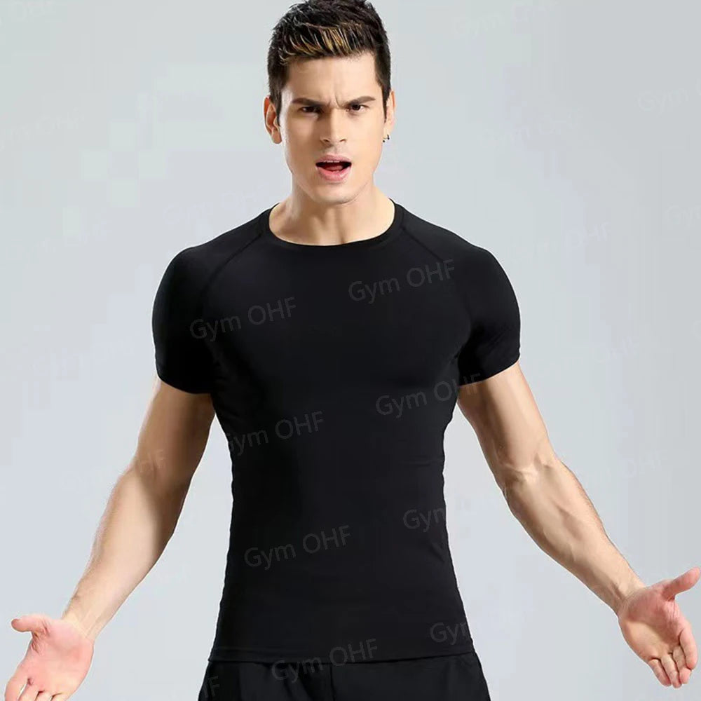 Men's Solid Color Short Sleeved T-shirt Compressed Quick Drying Breathable Training Suit Fitness Jujitsu Rashguard Top Gym Sport