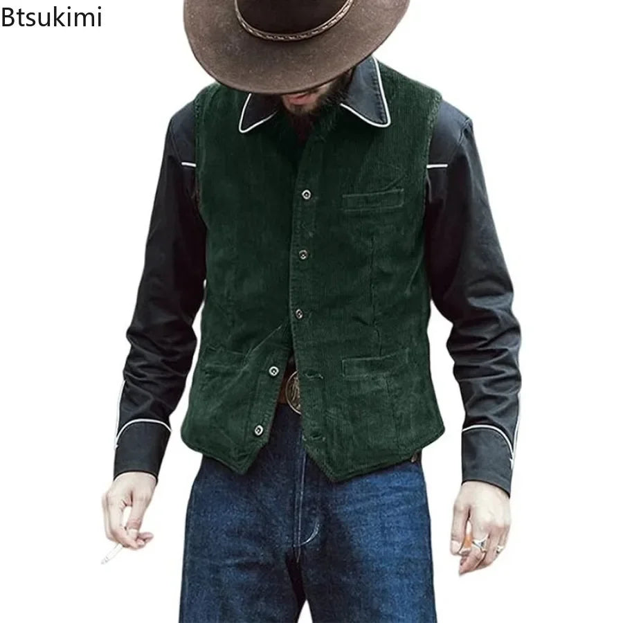 2026 Men's Retro Vest British Style Workwear Corduroy Vestes Casual Coat Single Breasted Sleeveless Jacket for Men Formal Vest
