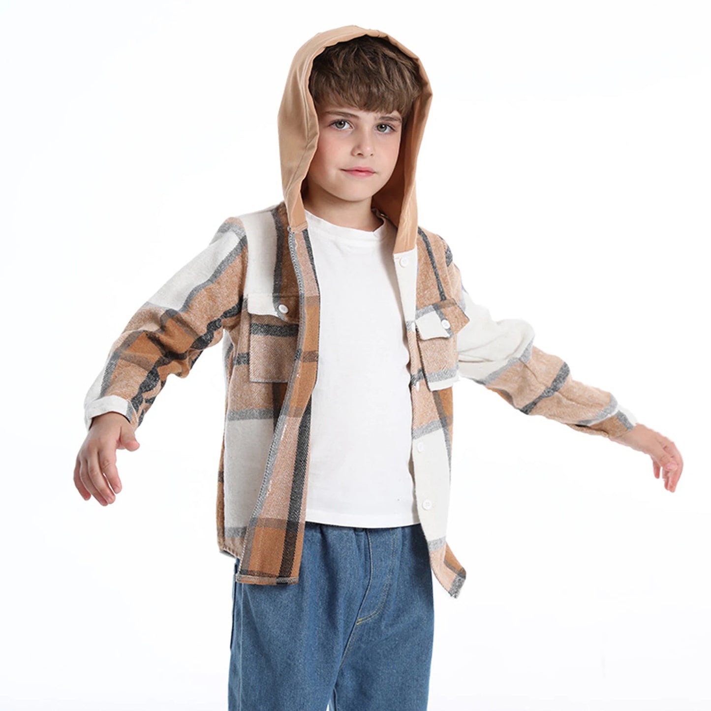 Hoodie Boys Plaid Shirt,Long Sleeve Kids Transition Jacket,Checkered Single Breasted Blouse,Spring Outerwear,Girls Lattice Tops