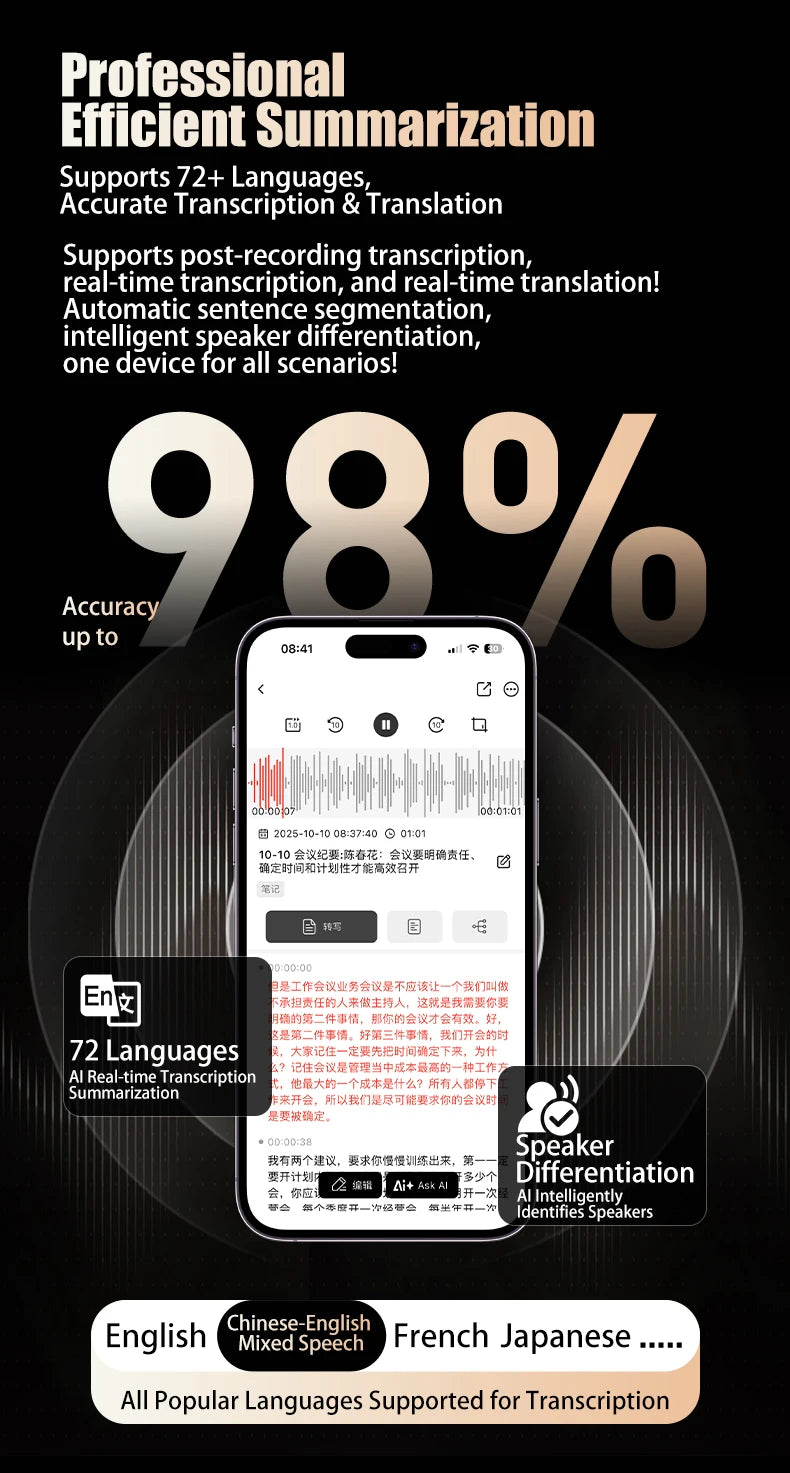 AI Digital Audio Recorder AI Voice to Text/Translation 98% Accuracy ChatGPT 72 Languages HD Noise Reduction Classroom Recording