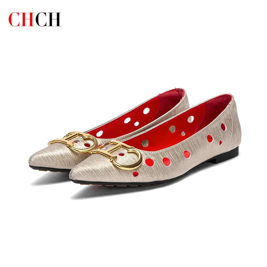CHCH 2025 Women's Flat Shoes New Punching Design Pointed Woman Shoes Simple Anti slip