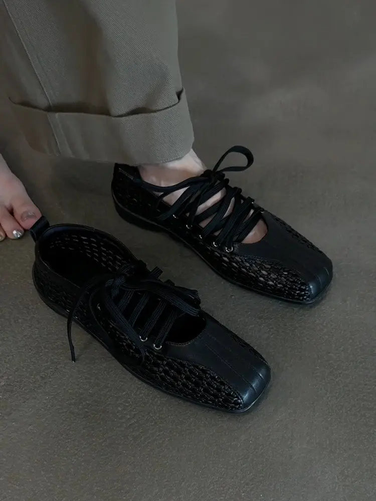 Women's Ballet Shoes Flats Designer Casual Shoes Square Toe Mesh Sport Shoes Lace Up Fashion Sneakers Comfoer Mujer Zapatillas