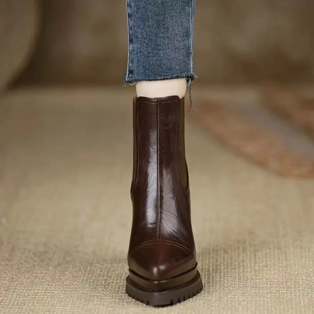Handmade Women's Shoes, Platform Waterproof High Heels, Chunky Fashionable Trendy Stylish 2026 New Brown Ankle Boots