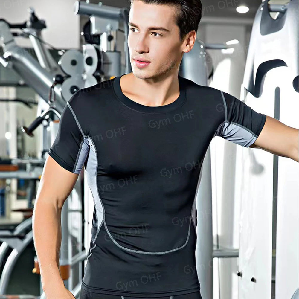 Men's Solid Color Short Sleeved T-shirt Compressed Quick Drying Breathable Training Suit Fitness Jujitsu Rashguard Top Gym Sport