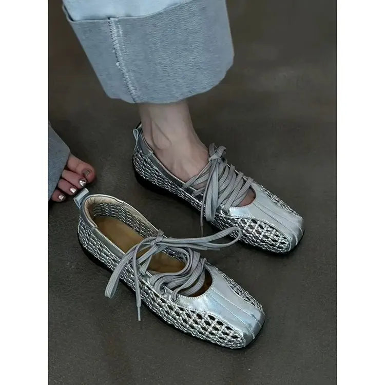 Women's Ballet Shoes Flats Designer Casual Shoes Square Toe Mesh Sport Shoes Lace Up Fashion Sneakers Comfoer Mujer Zapatillas