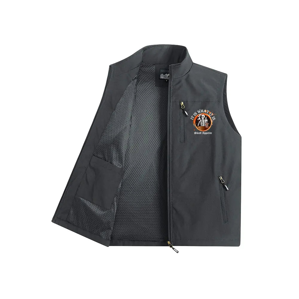Men’s Vests Jacket Multiple Zipper Pockets Cargo Vest Sleeveless Coat Gothic Print for Halloween Hiking Outwear Windbreaker