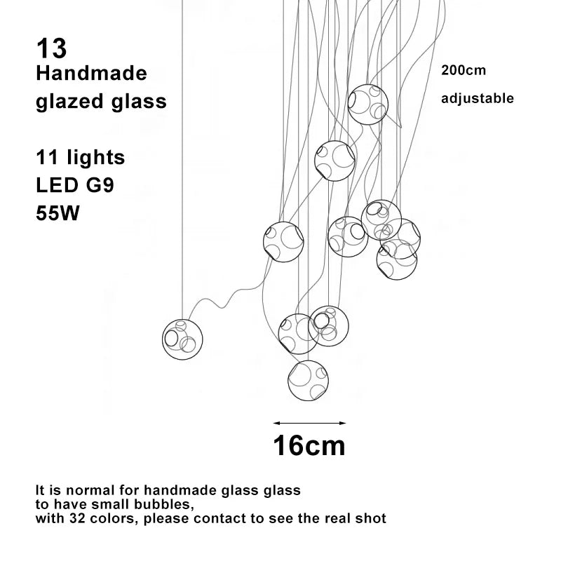 Modern LED home interior lighting ceiling chandelier, coloured glass lustre, dimmable, suitable for living room and staircase