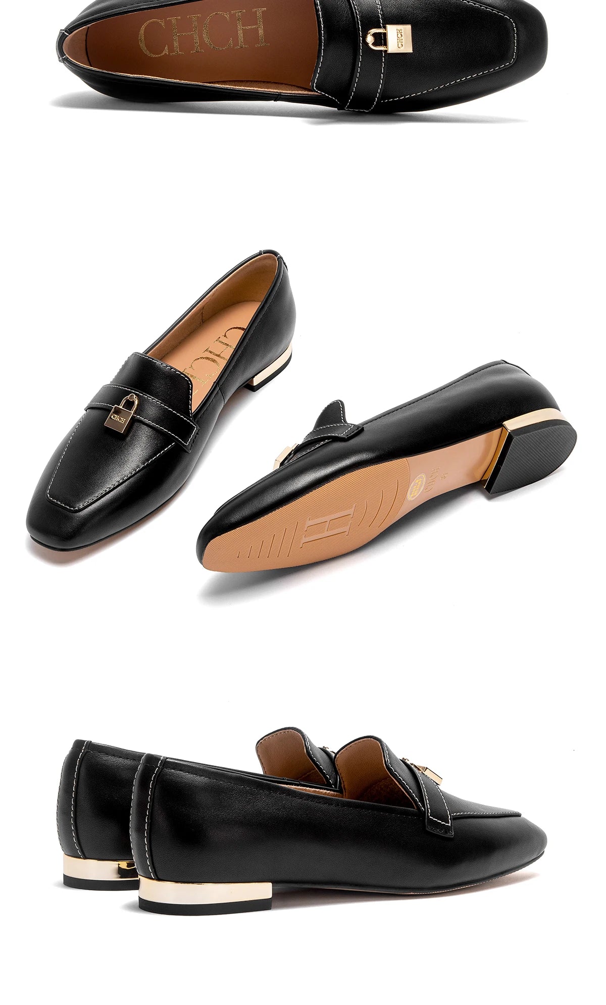 CHCH Women's Flat Shoes 2025 Autumn New Comfortable Cow Leather Black Business Commuter Women's Shoes