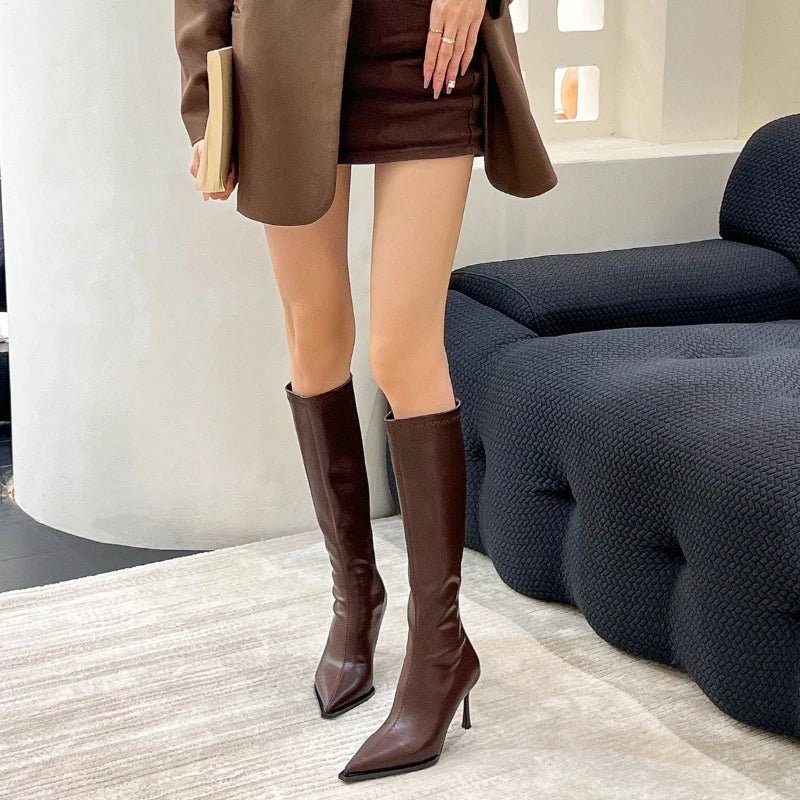 2025 New Women's High Heels Pointed Knee-length Female Boots Comfortable Stiletto Heel Soft Leather Women Shoes Zapatos De Mujer