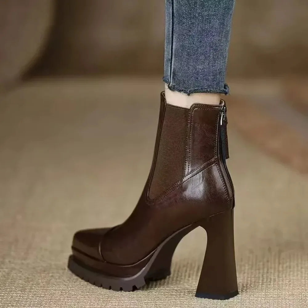 Handmade Women's Shoes, Platform Waterproof High Heels, Chunky Fashionable Trendy Stylish 2026 New Brown Ankle Boots