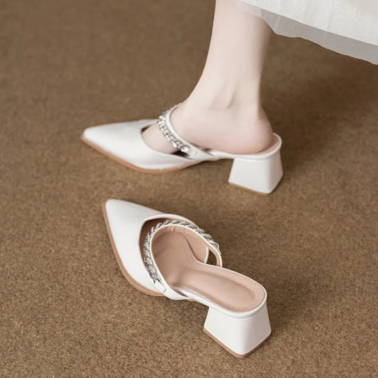 French Style Pointed Toe Chunky Heel V-Cut Mules with Chain Decor, Commute Versatile Comfortable Outdoor Wear Sandals for Women