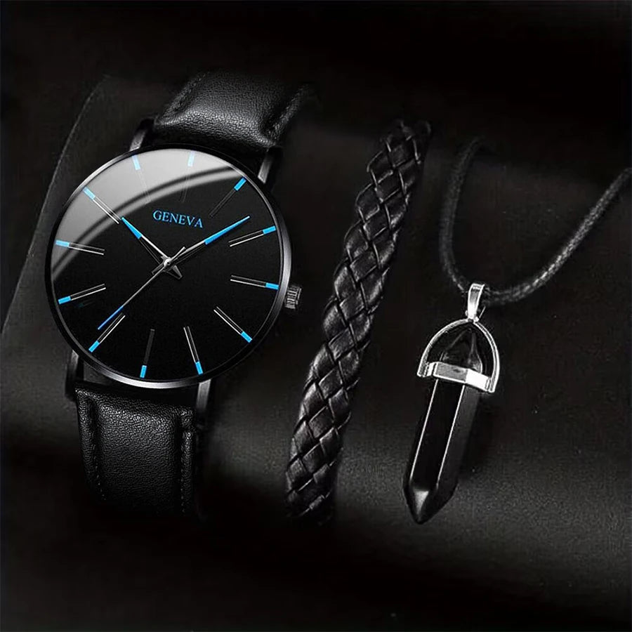 Set Montre + Bracelet + Collier Homme - Style Business Casual