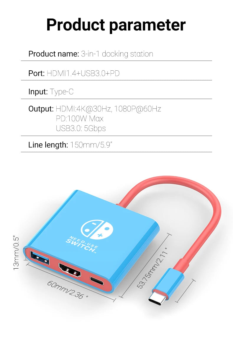 Portable Game Docking Station TYPE-C Hub with HDMI and USB 3.0 Perfect for Travel and Gaming