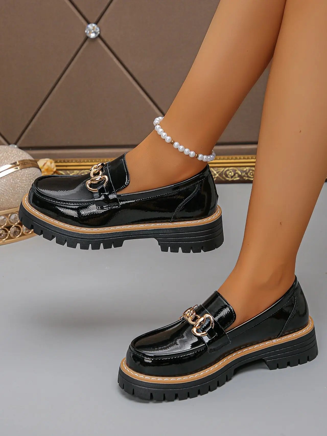2025 Female Shoes Women Fashion Janes Round Toe Flats Loafers Oxfords Platform Casual Metal Chain Buckle Ladies Heels Black