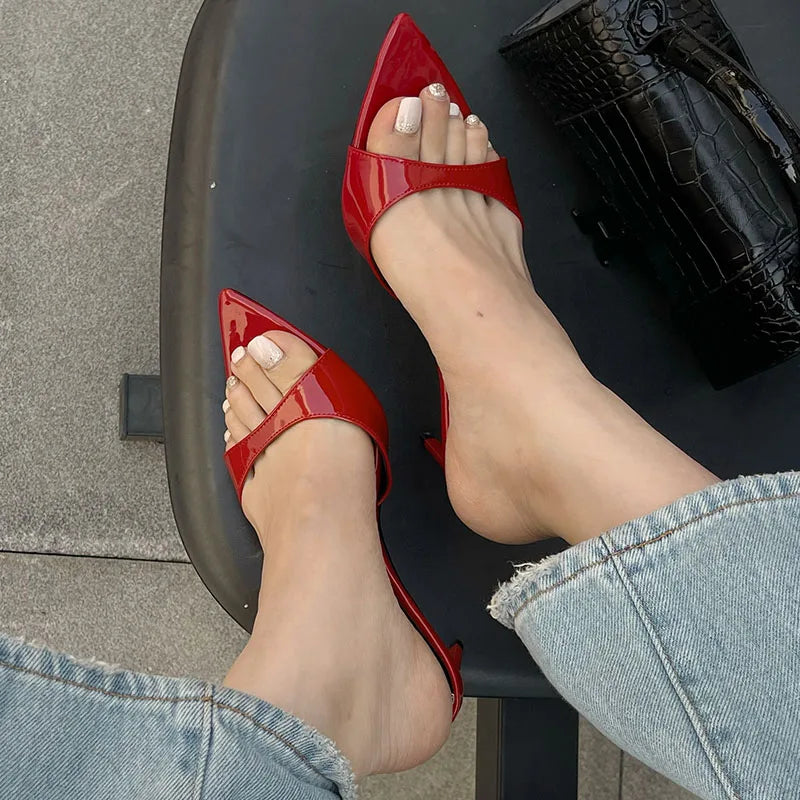 Female Red Footwear Pumps Slides Heels Shoes For Women New In 2025 Luxury Fashion Pointed Toe Ladies Thin High Heels Shoes
