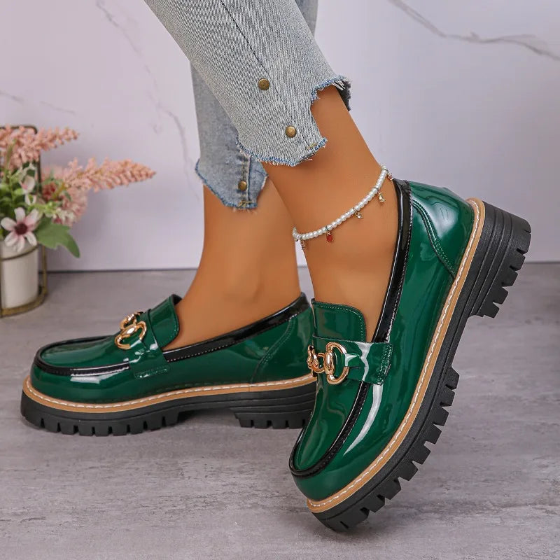 2025 Female Shoes Women Fashion Janes Round Toe Flats Loafers Oxfords Platform Casual Metal Chain Buckle Ladies Heels Black
