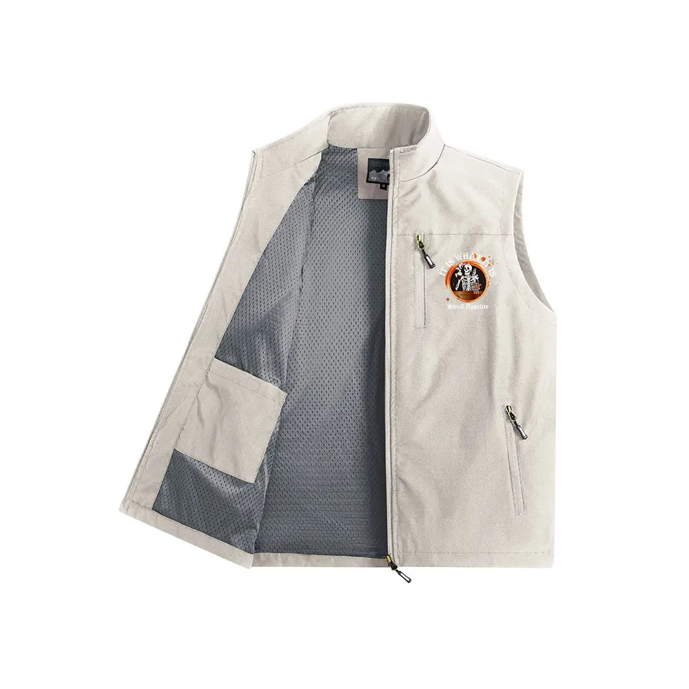 Men’s Vests Jacket Multiple Zipper Pockets Cargo Vest Sleeveless Coat Gothic Print for Halloween Hiking Outwear Windbreaker