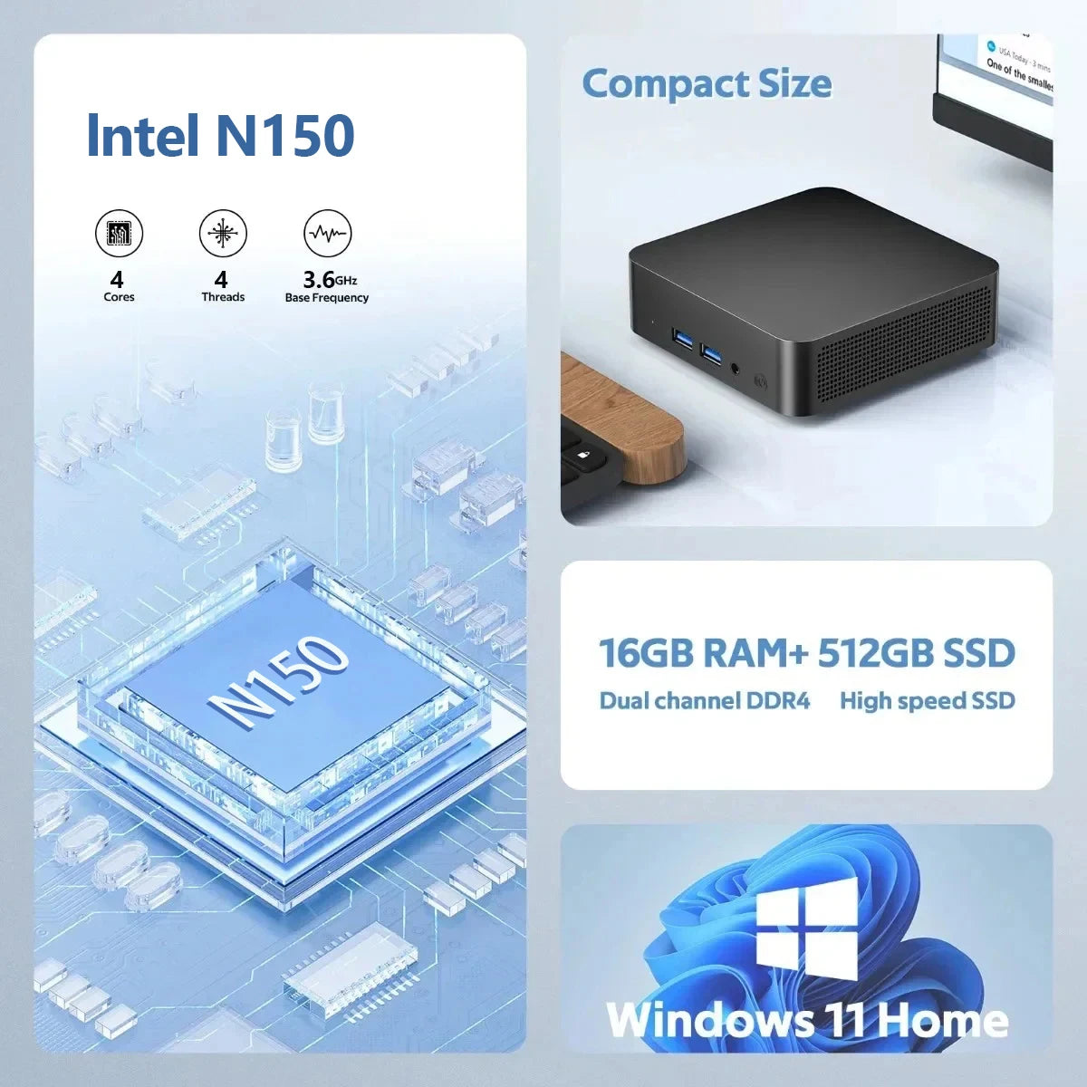 Portable Mini PC Windows 11 Intel N150 Desktop Computer 16GB 32GB RAM 1TB 2TB SSD WIFI6 BT5.2 Ultra Small Pocket PC gamer office