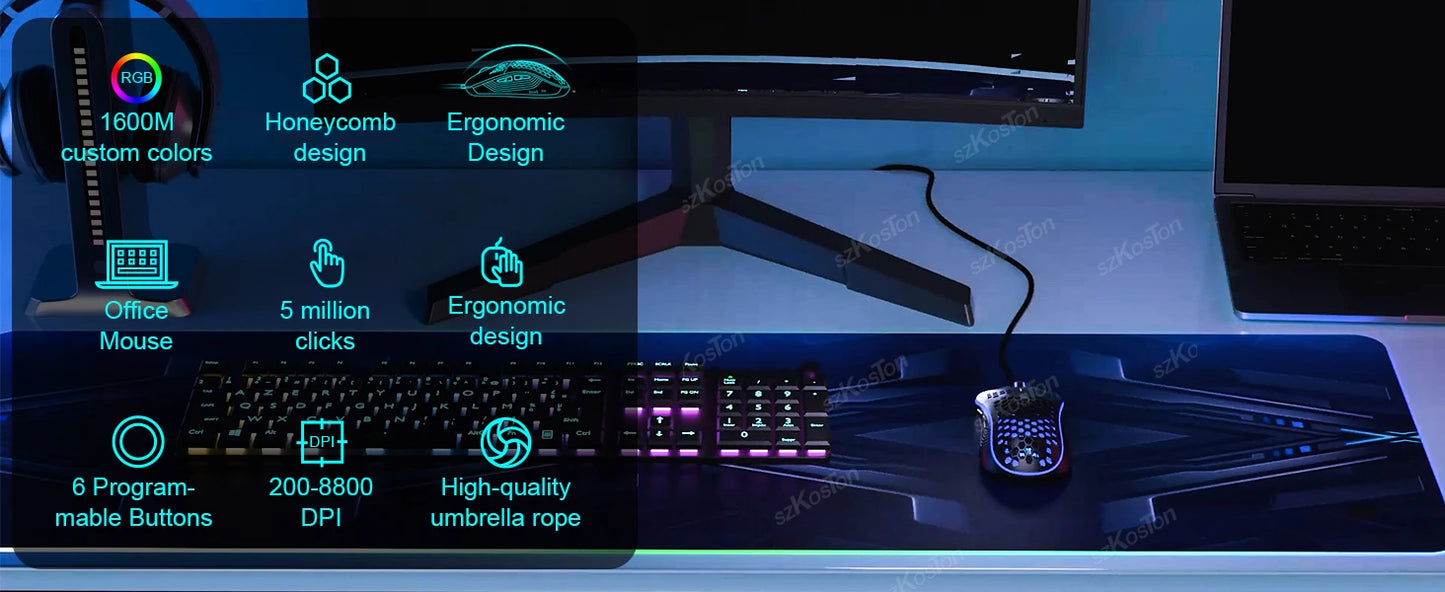 USB Wired Gaming Mouse with RGB Backlight 6 Levels 7200DPI Adjustable Ergonomic Design Mice for Office Laptop PC Computer Gamer