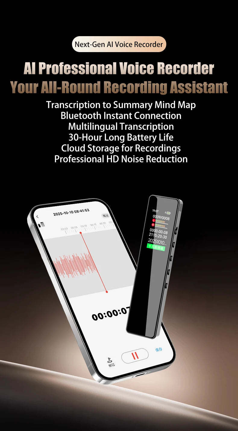 AI Digital Audio Recorder AI Voice to Text/Translation 98% Accuracy ChatGPT 72 Languages HD Noise Reduction Classroom Recording