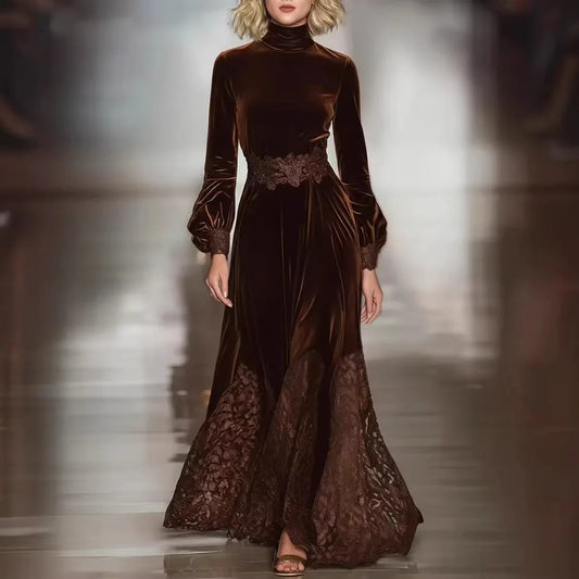 Velvet Dress for Women Vintage Long Sleeves Turtleneck High Waist Fashion Maxi Dress Elegant Lace Hem Party Evening Dresses