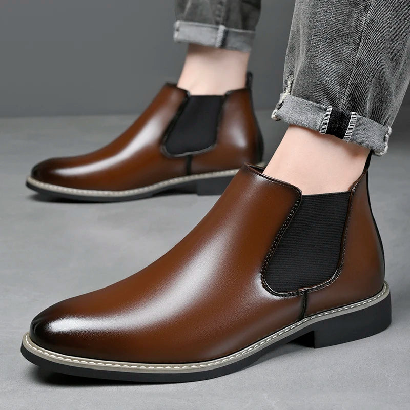 Men's Chelsea Boots British Style Fashionable Leather Shoes Wear-Resistant Anti-Slip Comfortable Men's Footwear-7809