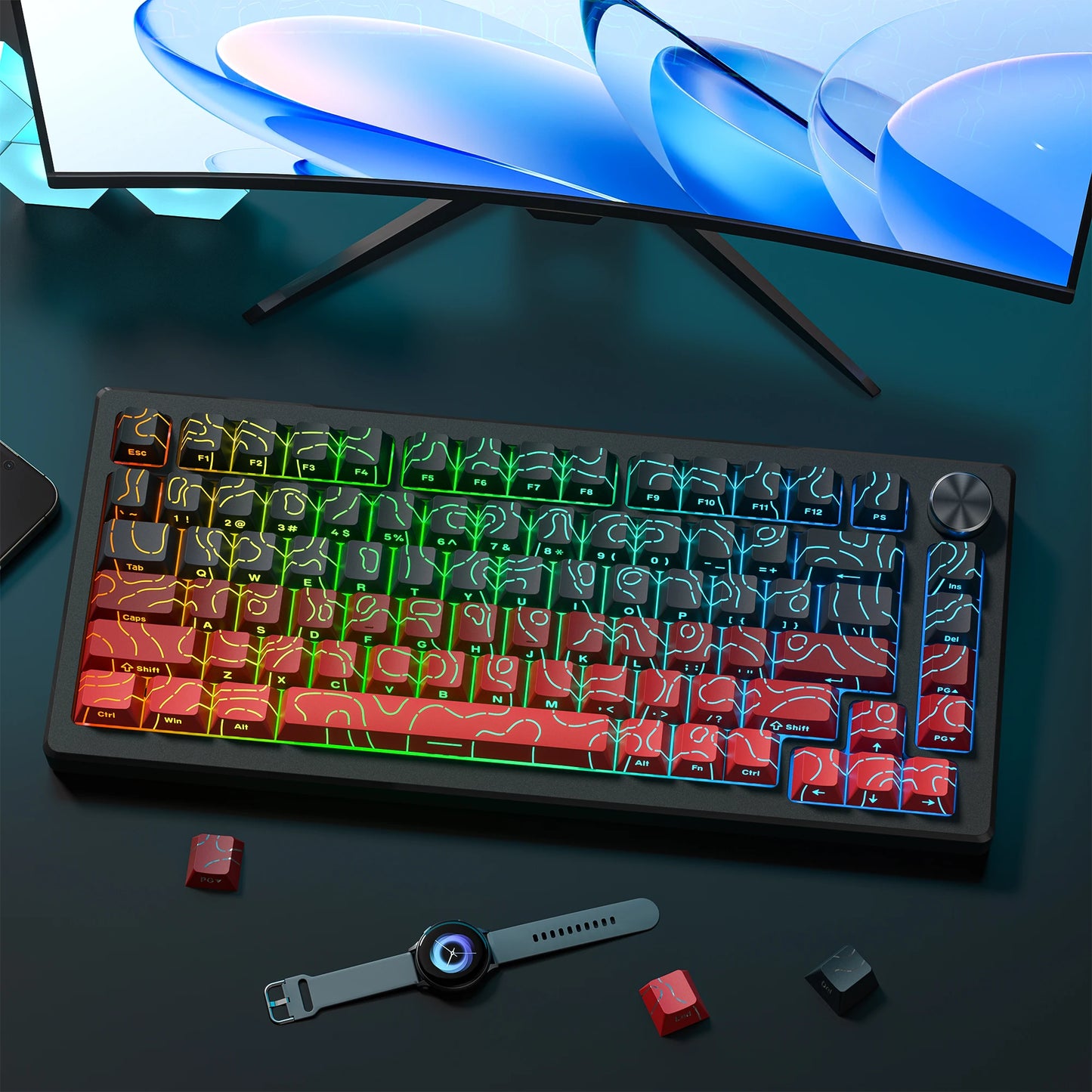 Red Contour Side Printed Shine Through Keycaps Cherry Profile Double Shot PBT Keycap for Gateron MX Switches Mechanical Keyboard