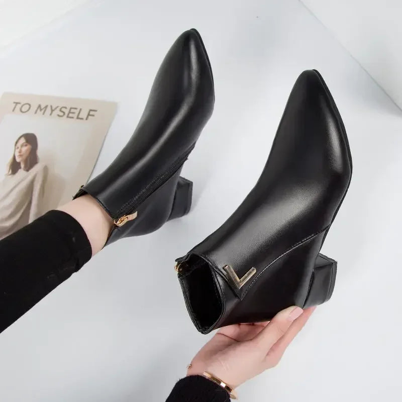 Fashion Women Boots Casual Leather Low High Heels Spring Shoes Woman Pointed Toe Rubber Ankle Boots Black Red Zapatos Mujer785