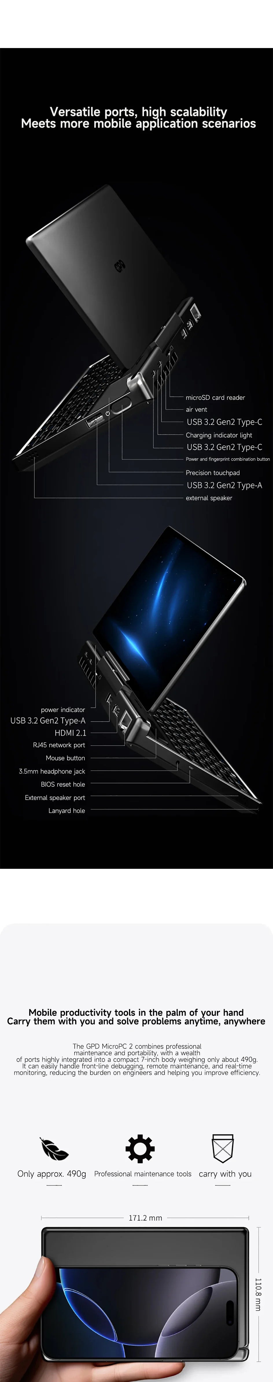 GPD Micro PC 2 Handheld Mini Notebook 7 Inch Touch Screen N300 16GB RAM 512GB SSD Windows 11 Portable Palm Size Laptop