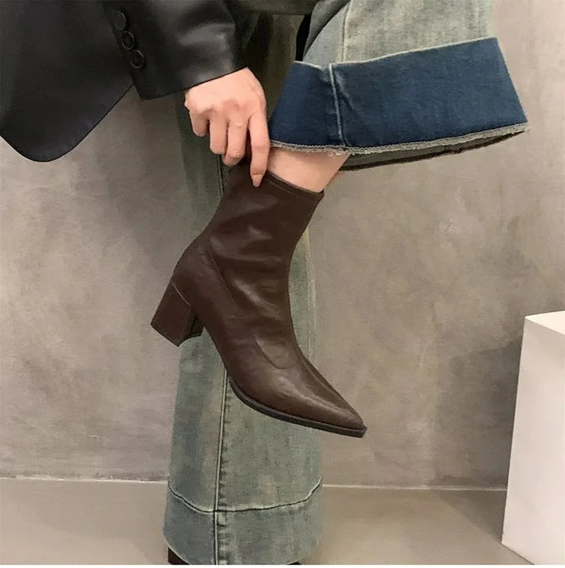 Women Boots Fashion French Style Ankle Boots Designer High Heeled Boots for Woman Exquisite Pointed Tip Casual Shoes Botas Mujer