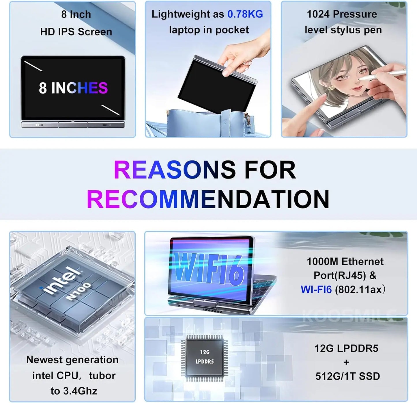 Portable Mini Laptop windows 11 8 Inch Touch Screen Notebook N150 12GB+1TB IPS Netbook Win 11 Pro Mini PC Micro Computer