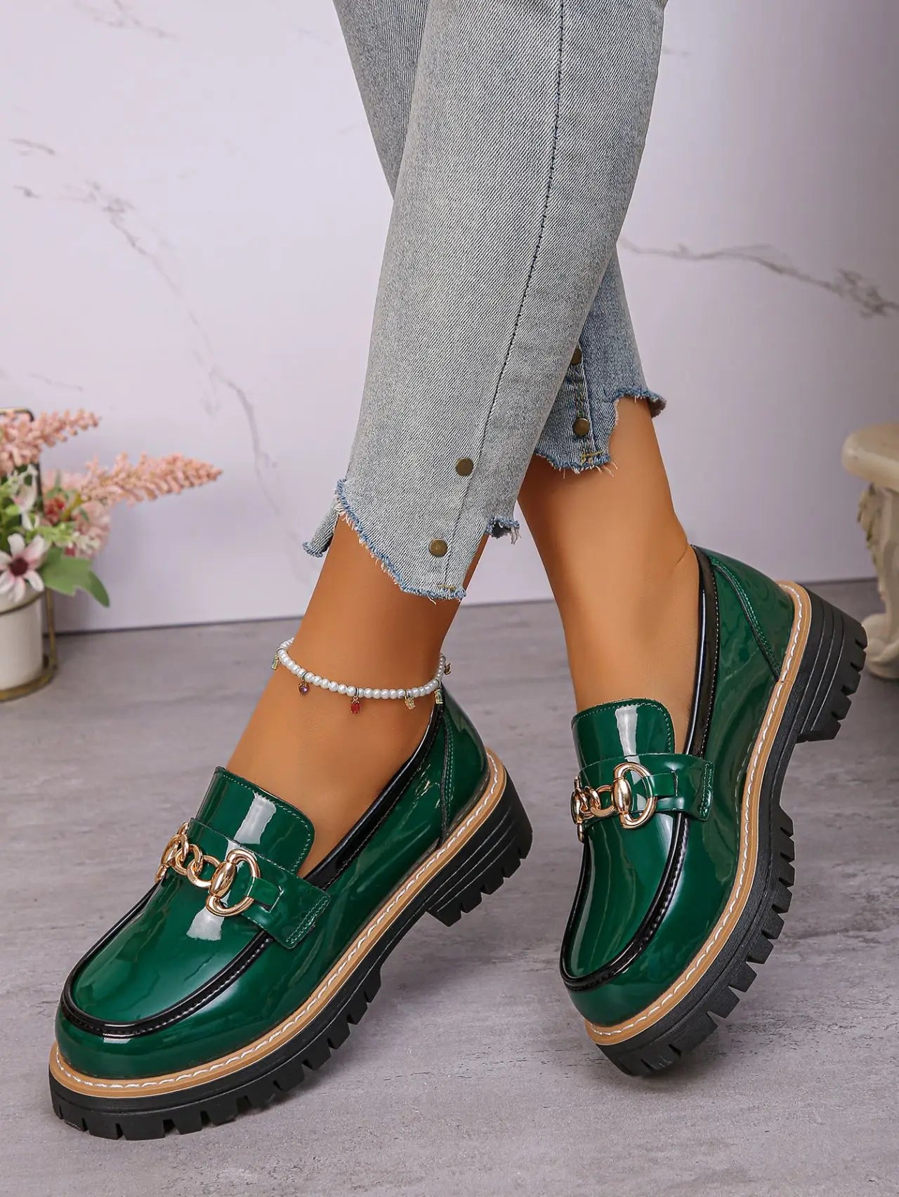 2025 Female Shoes Women Fashion Janes Round Toe Flats Loafers Oxfords Platform Casual Metal Chain Buckle Ladies Heels Black