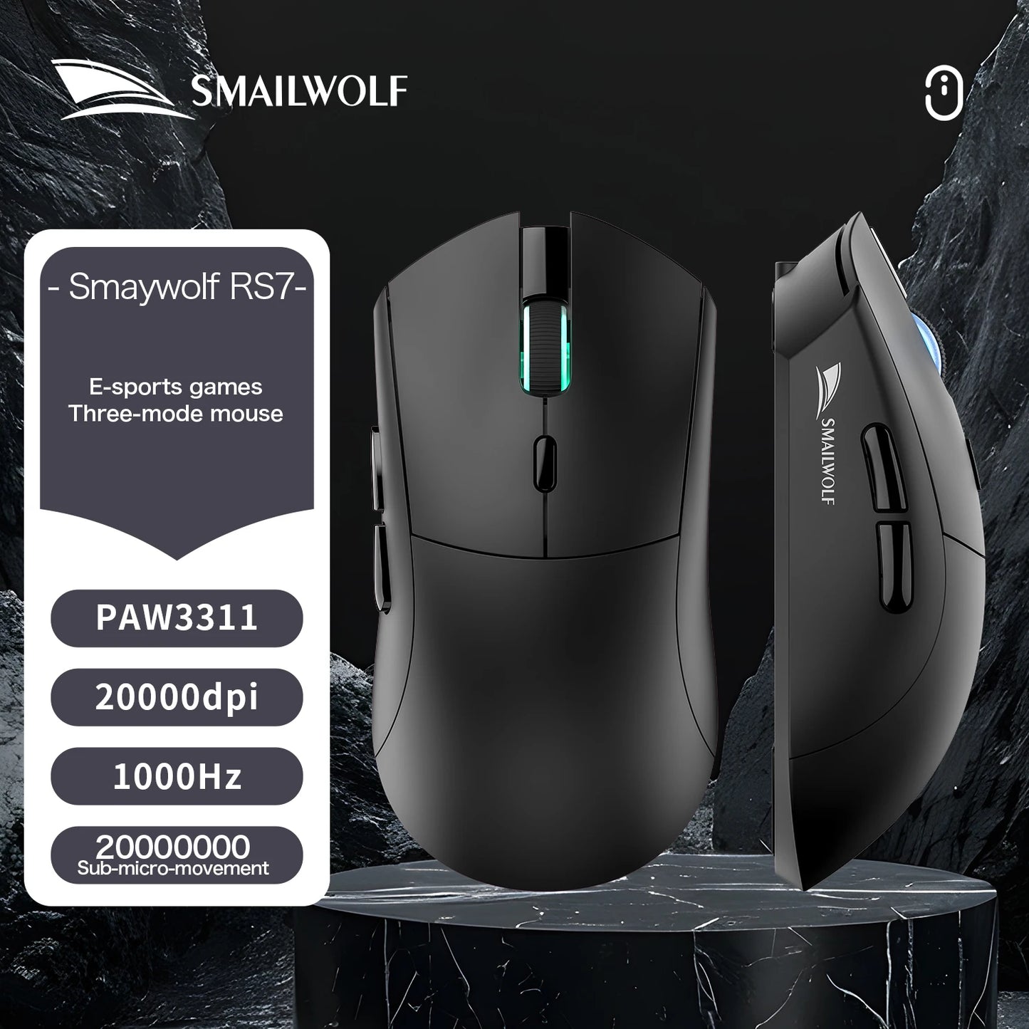 SMAILWOLF RS7 Bluetooth Wireless Mouse Three-Mode Gaming Notebook Desktop Computer Gaming PAW3311 Suitable for Big Hands