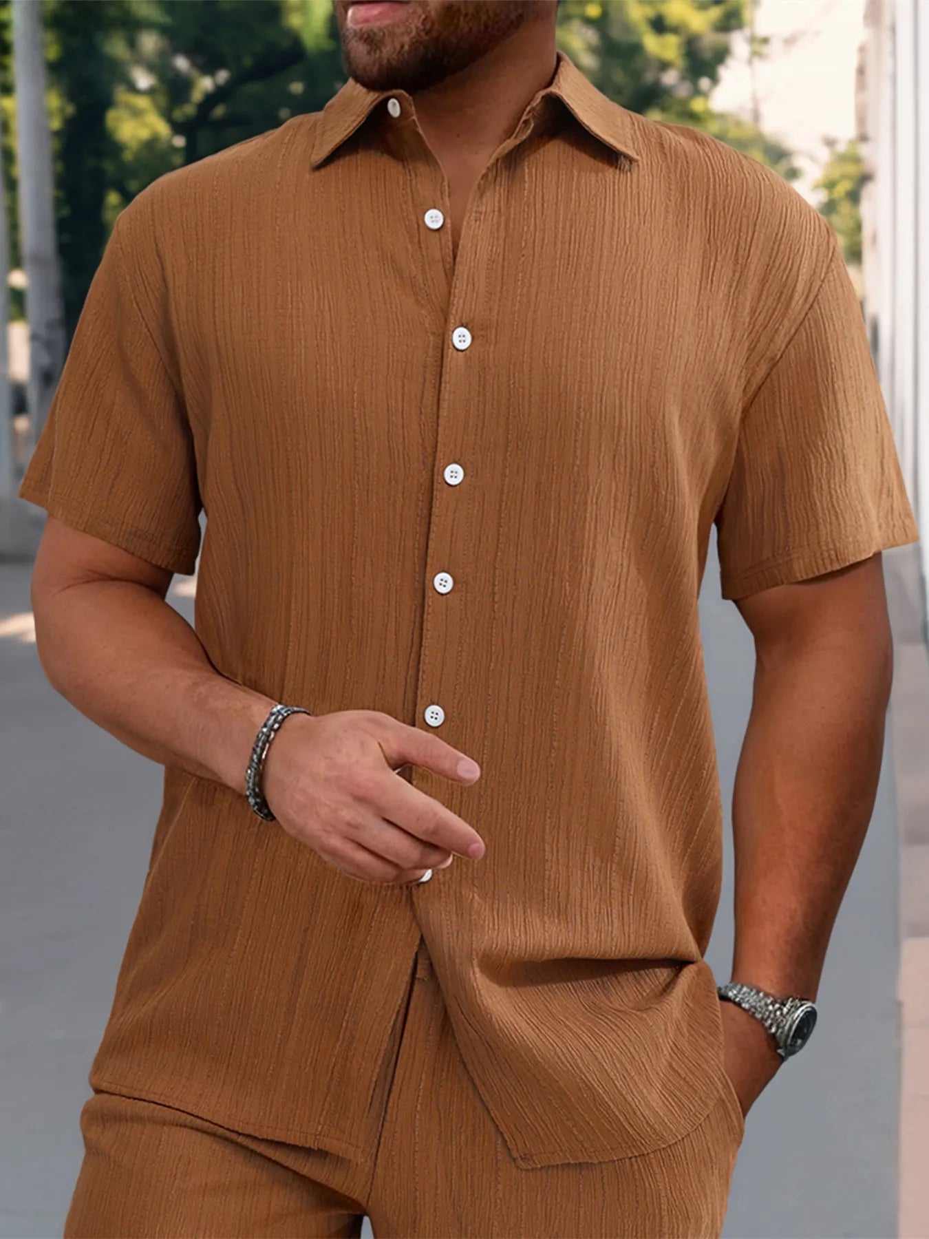 Chemise MC Coton Uni Col Rabattu Beach