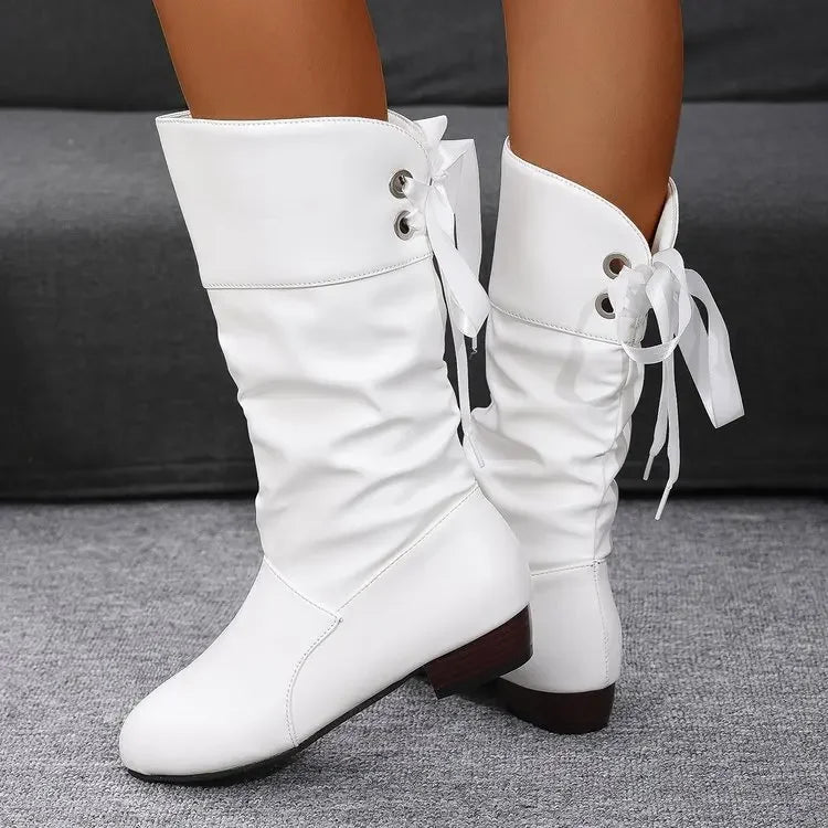 Shoes For Women 2025 Spring Knee High Boots Red Black White Tall Boots Woman Pleated Low Heel Casual Leather Female Long Shoes